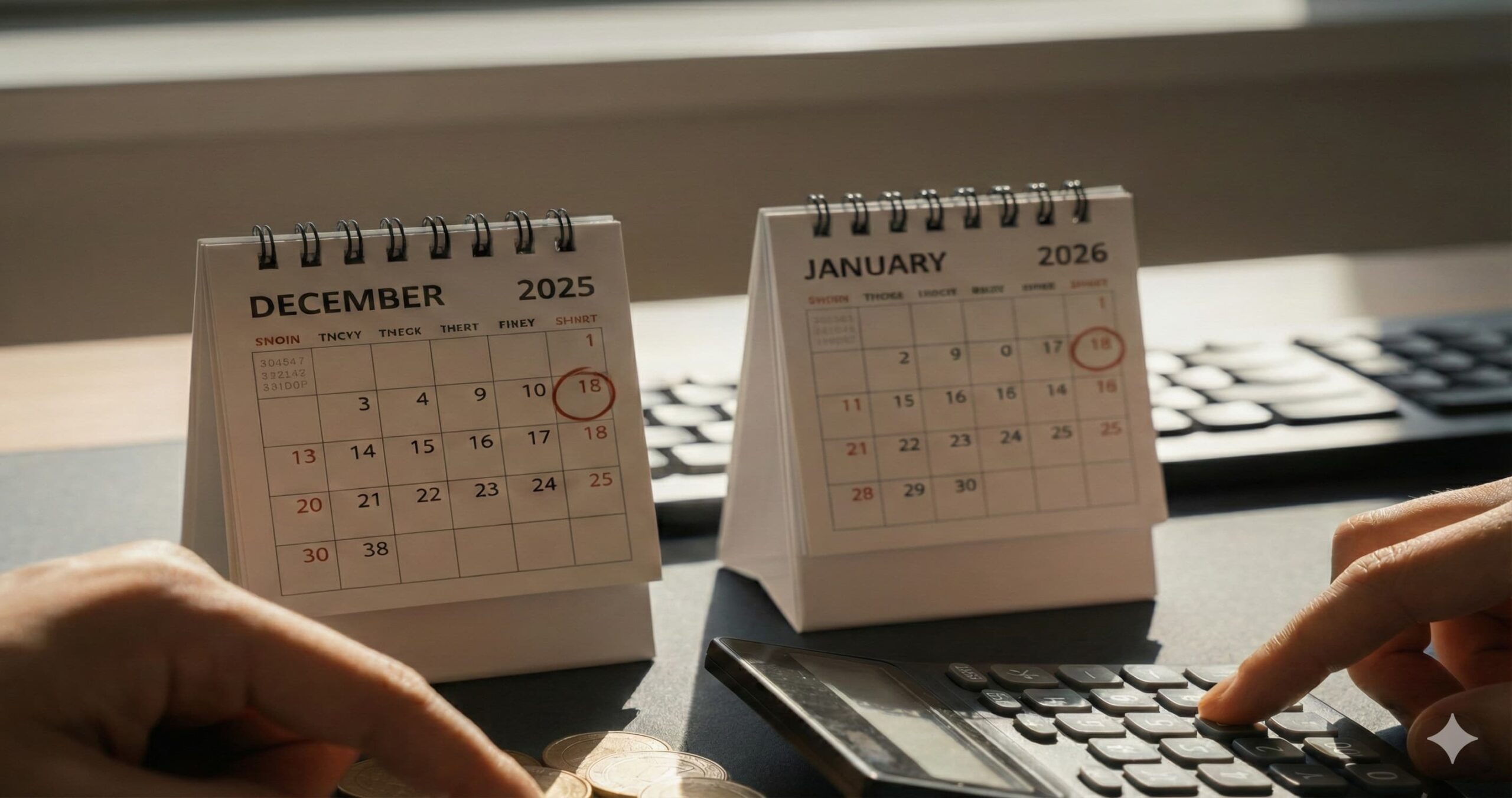 Calendarios de diciembre 2025 y enero 2026 con calculadora y monedas para el análisis del paro y afiliación