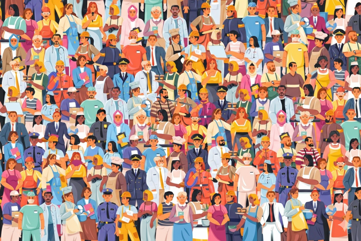 Representación del mercado laboral español en 2025 con diversidad de trabajadores y profesiones