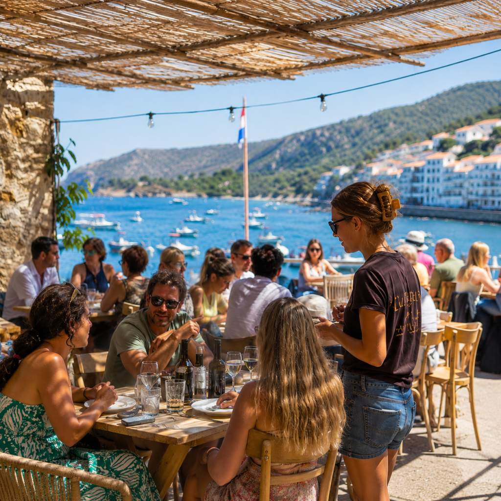 Terraza de restaurante junto al mar con clientes: hostelería y turismo, motor del empleo en mayo 2026 en España