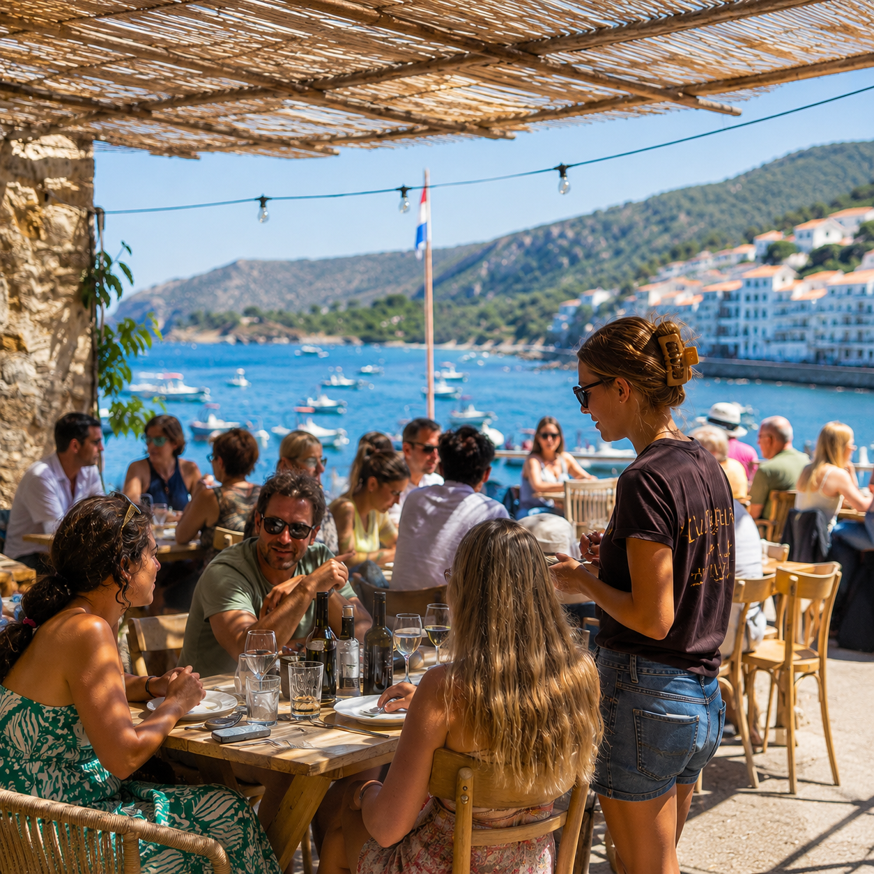 Terraza de restaurante junto al mar con clientes: hostelería y turismo, motor del empleo en mayo 2026 en España