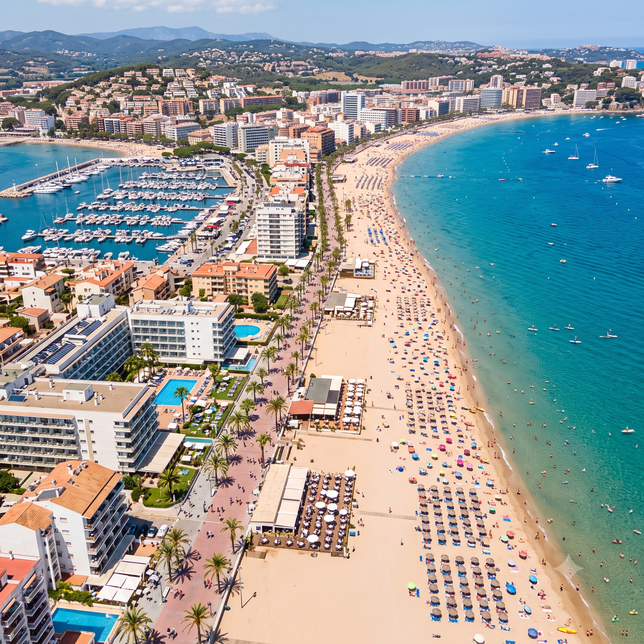 Vista aérea de una playa mediterránea con sombrillas, paseo marítimo y hoteles en plena temporada turística de verano