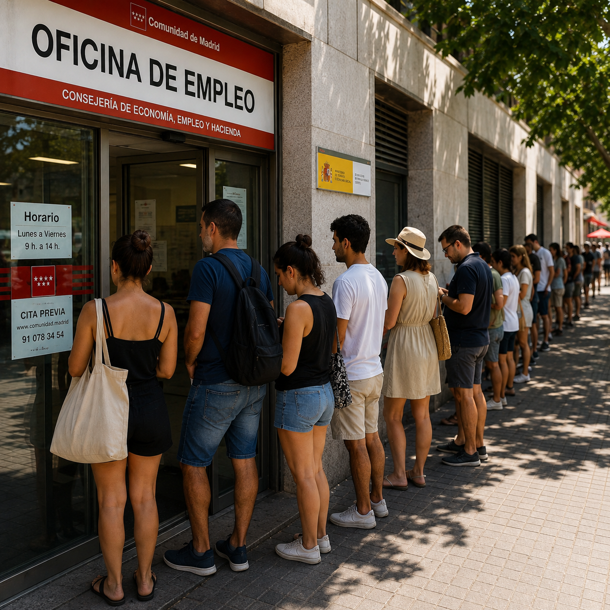 cola de desempleados en verano ante una oficina de empleo